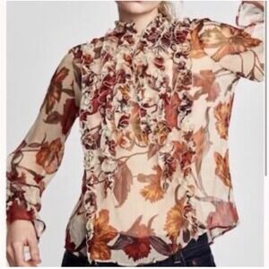 Zara Basic Women's XL Sheer Floral Ruffle Blouse Cream Orange Autumn